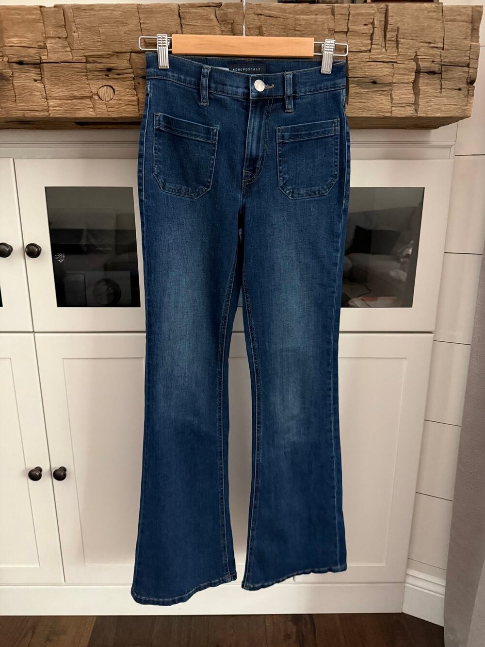Aeropostale High Rise Flare Jeans Dark Wash Patch Pocket Size 0 Y2K Style